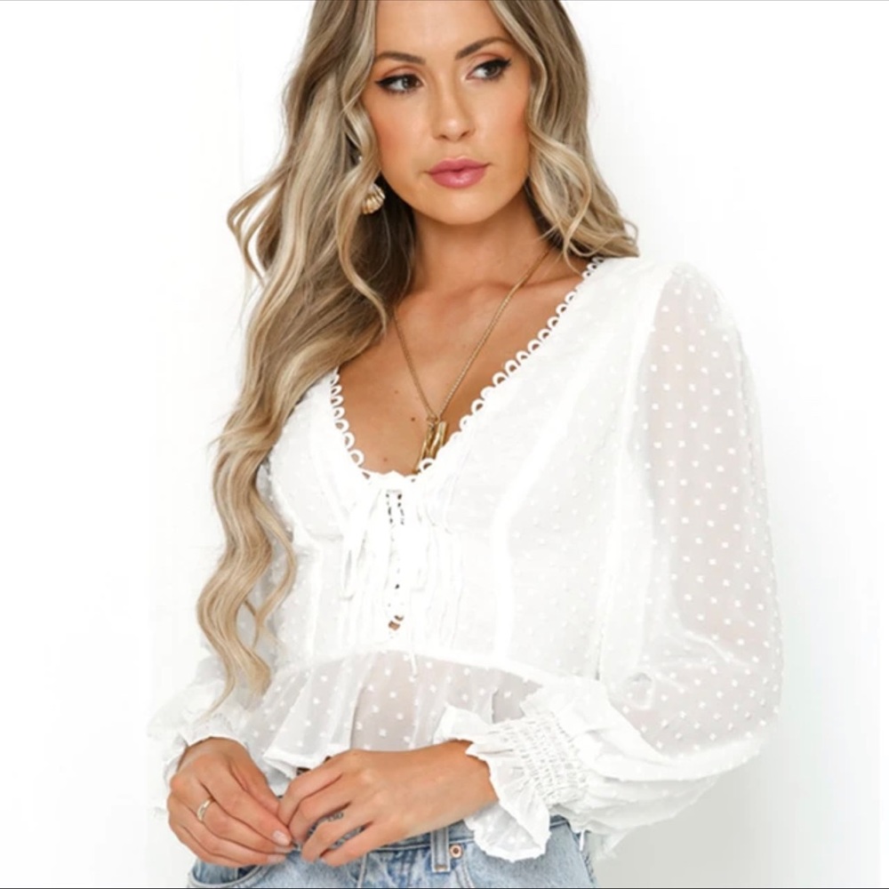 Hello Molly Sheer White Swiss Dot Long Sleeve Blouse